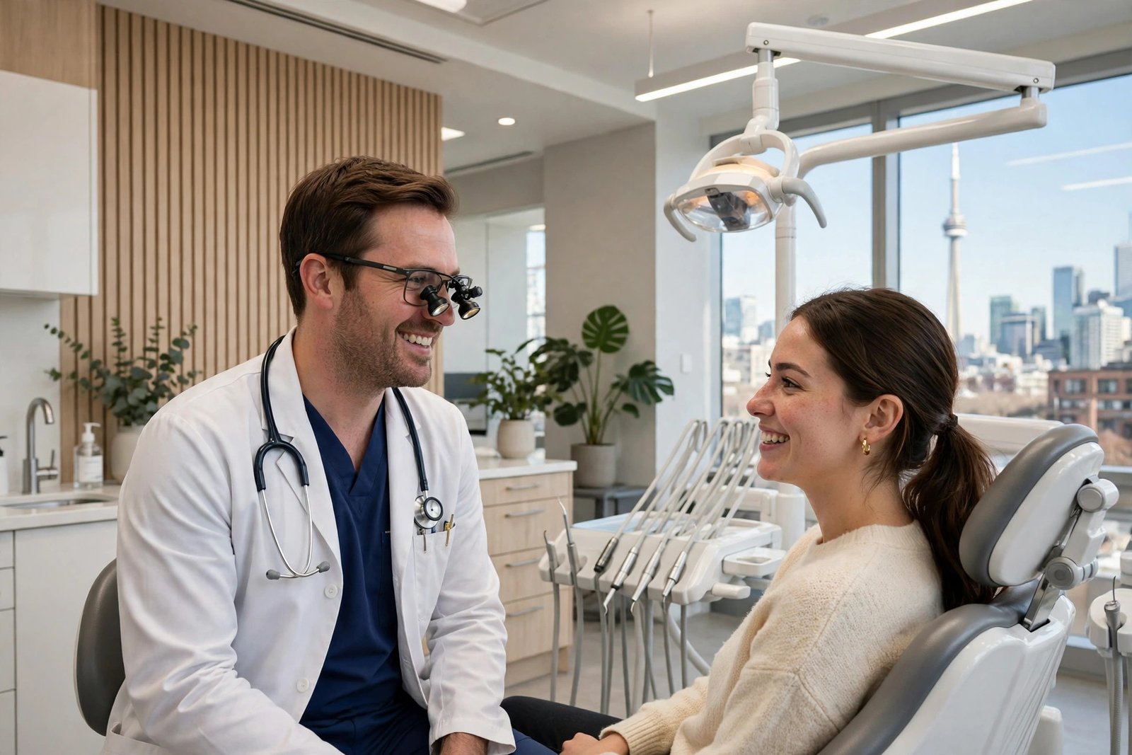 A friendly dentist talking with a patient in a bright modern dental clinic in Toronto