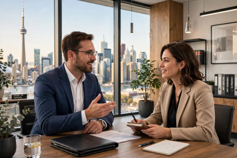 Lawyer talking with a client in a Toronto law firm office